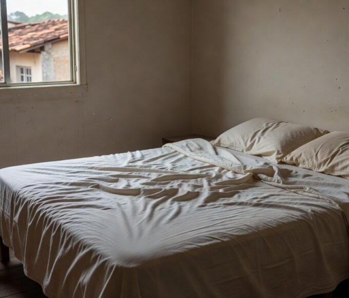 Quarto simples com cama desfeita simbolizando sono excessivo e risco de mobilidade em idosos