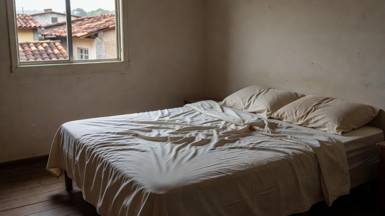Quarto simples com cama desfeita simbolizando sono excessivo e risco de mobilidade em idosos
