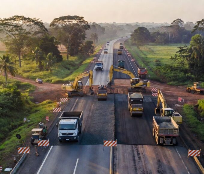 Obras de pavimentação e máquinas na rodovia BR-364