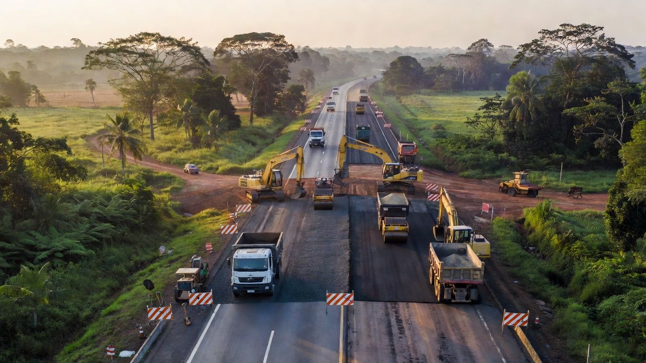Obras de pavimentação e máquinas na rodovia BR-364