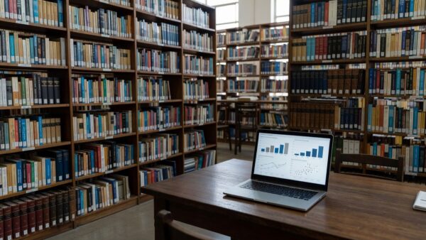 Biblioteca universitária com livros científicos e análise de dados em laptop