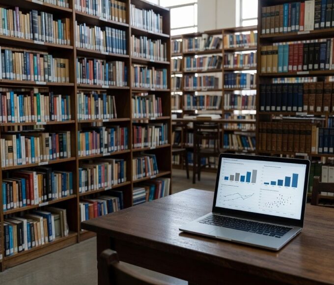 Biblioteca universitária com livros científicos e análise de dados em laptop