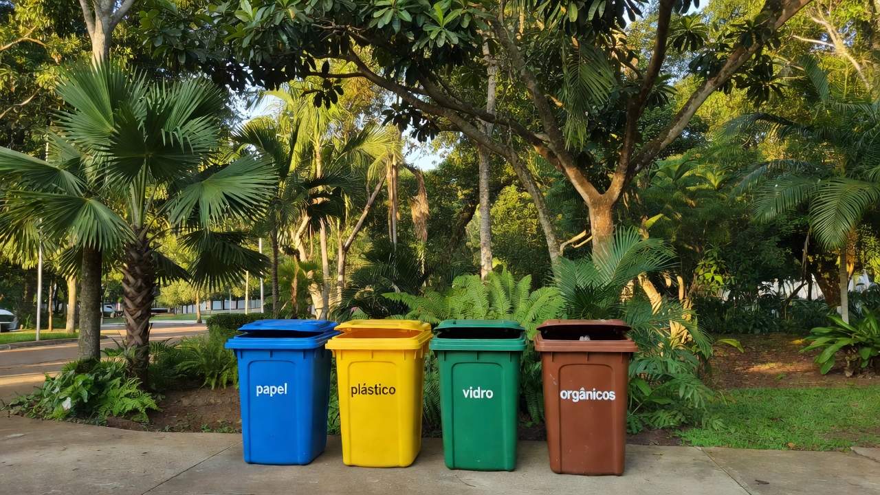 Lixeiras coloridas de reciclagem em praça de Ji-Paraná para descarte correto de lixo.