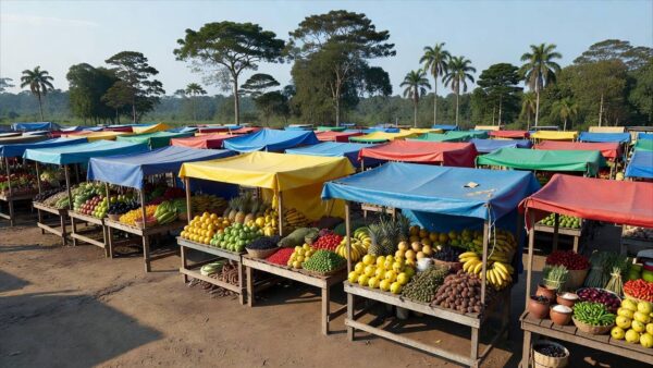 Feira livre em Ji-Paraná com barracas de frutas e produtos locais