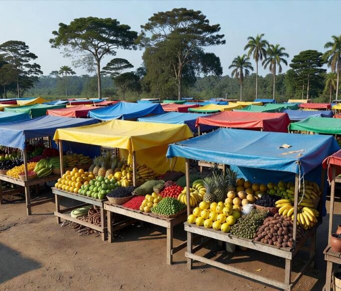 Feira livre em Ji-Paraná com barracas de frutas e produtos locais