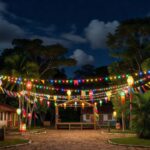 Praça decorada para festas em Ji-Paraná com iluminação e palco ao fundo