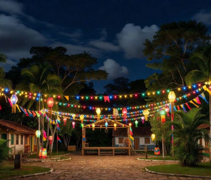 Praça decorada para festas em Ji-Paraná com iluminação e palco ao fundo