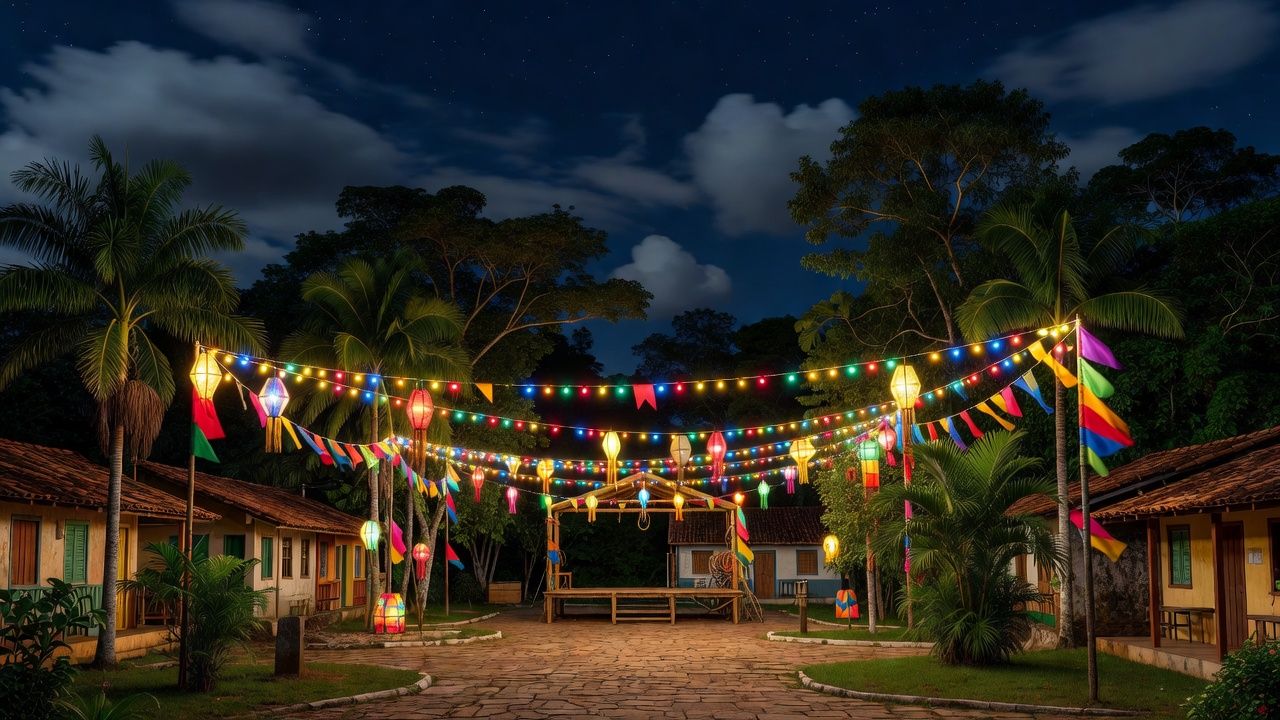 Praça decorada para festas em Ji-Paraná com iluminação e palco ao fundo