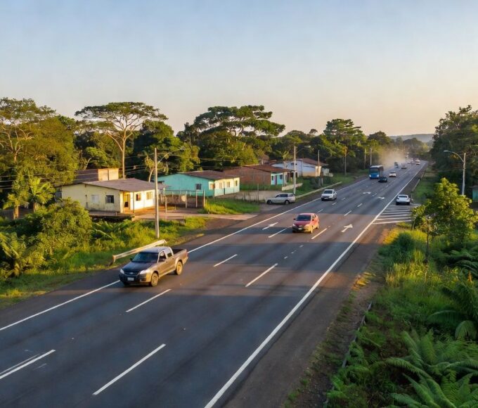 Rodovia BR-364 atravessando Ji-Paraná, Rondônia, com desenvolvimento urbano ao redor.