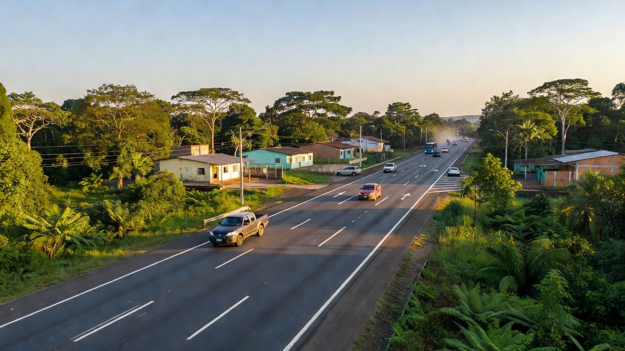 Rodovia BR-364 atravessando Ji-Paraná, Rondônia, com desenvolvimento urbano ao redor.