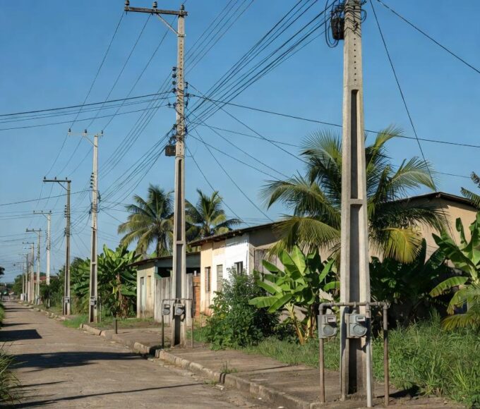 Postes de energia e hidrômetros em rua de Ji-Paraná representando serviços de luz e água