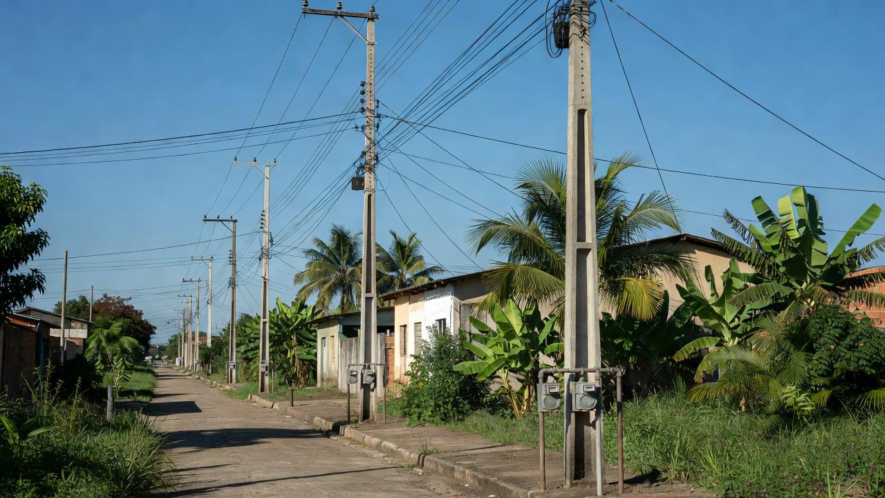 Postes de energia e hidrômetros em rua de Ji-Paraná representando serviços de luz e água