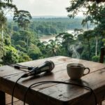 Mesa com microfone e café em Ji-Paraná com floresta ao fundo para podcast Café com Floresta