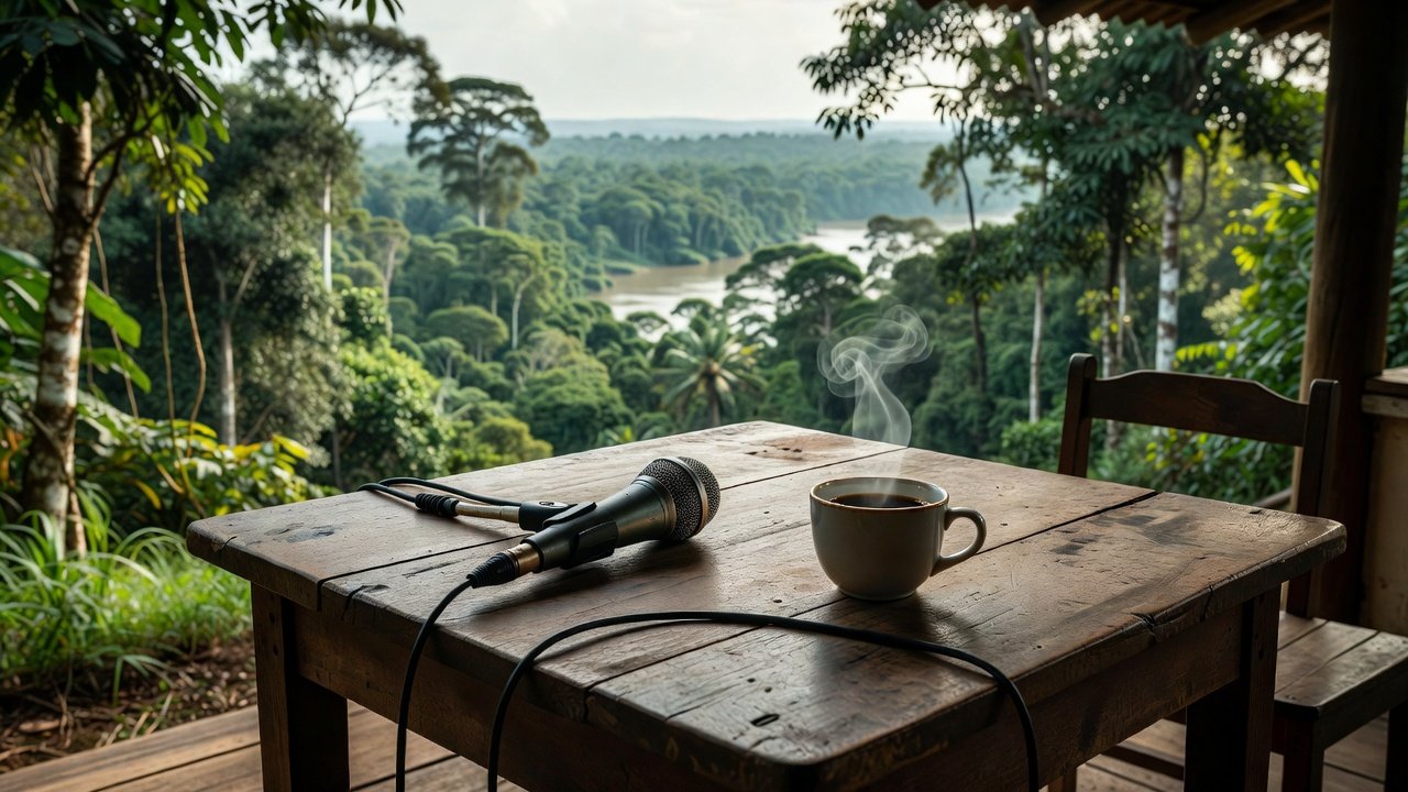 Mesa com microfone e café em Ji-Paraná com floresta ao fundo para podcast Café com Floresta