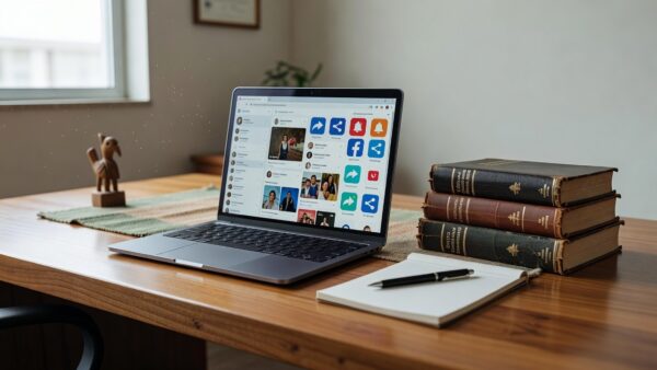 Mesa com laptop e materiais sobre comunicação digital e ética para advogados da OAB RO