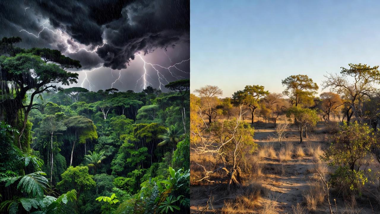 Amazônia com chuva e trovoadas contrastando com céu claro no Tocantins