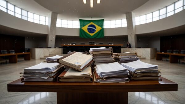 Congresso Nacional em Brasília com documentos sobre reforma tributária