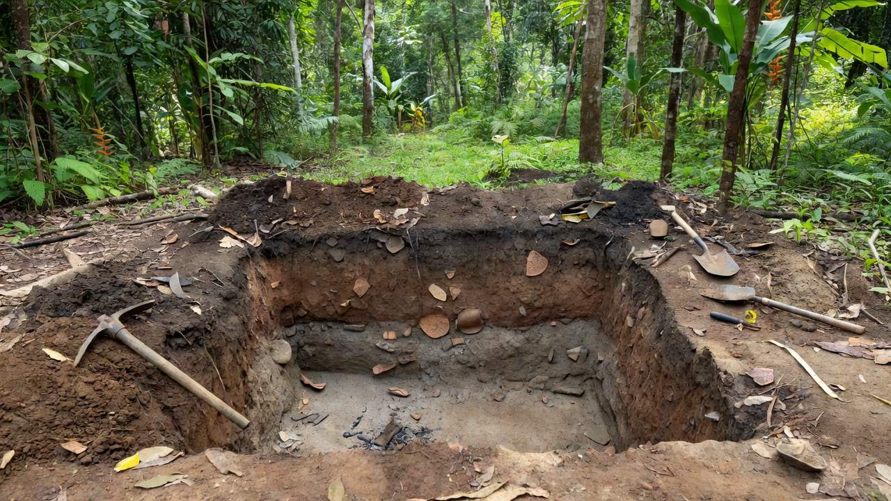Escavação arqueológica em Candelária, Porto Velho, revelando ocupação humana