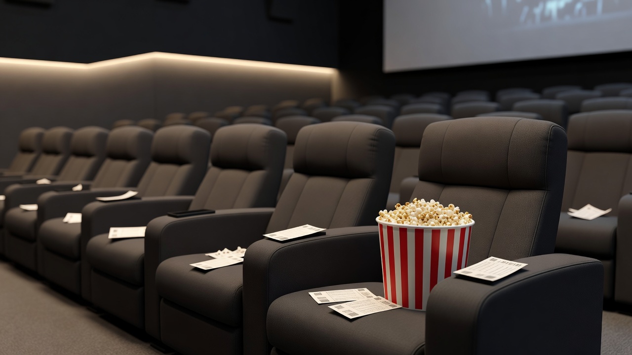 Ingressos de cinema e pipoca em poltrona de cinema em Rondônia