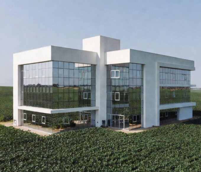 Hospital de Amor em Barretos com campos de soja ao fundo simbolizando doações do agronegócio