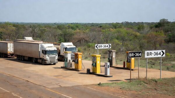 Posto de gasolina na BR-364 com caminhões estacionados