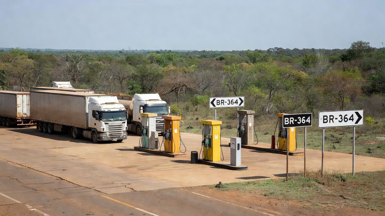 Posto de gasolina na BR-364 com caminhões estacionados