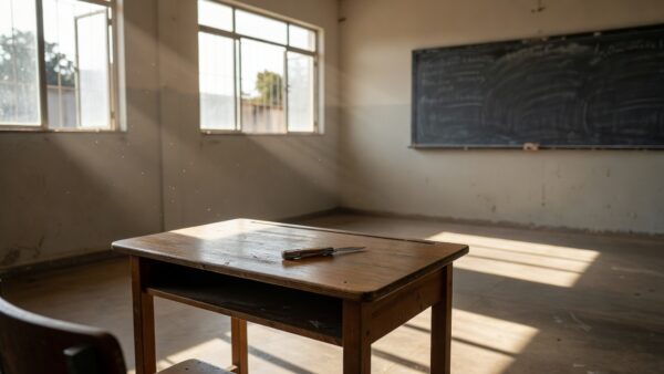Sala de aula vazia em escola de Porto Velho com canivete sobre carteira