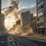 Cidade peruana durante forte tremor de terra com prédios abalados