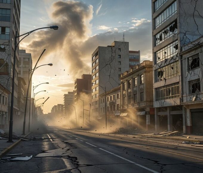 Cidade peruana durante forte tremor de terra com prédios abalados