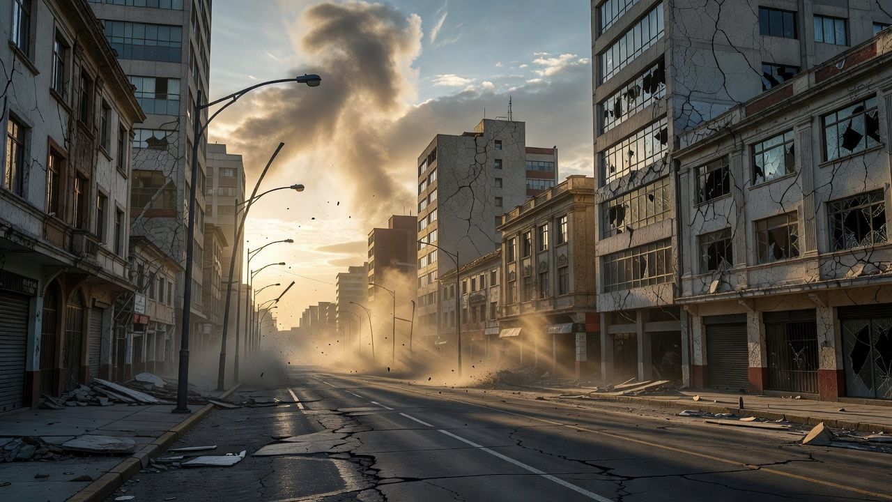 Cidade peruana durante forte tremor de terra com prédios abalados