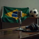 Estúdio de rádio esportivo vazio com microfone, simbolizando morte de radialista