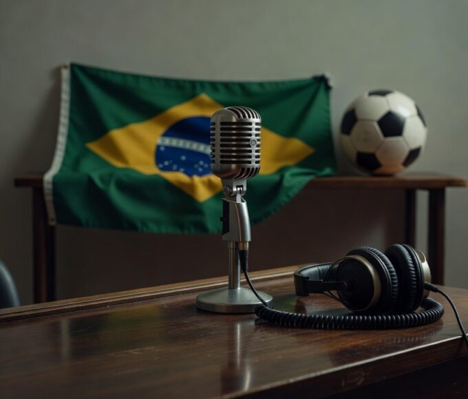 Estúdio de rádio esportivo vazio com microfone, simbolizando morte de radialista