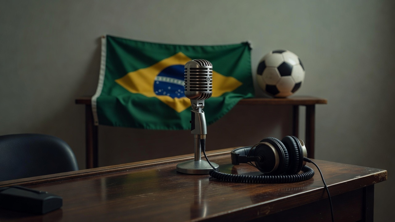 Estúdio de rádio esportivo vazio com microfone, simbolizando morte de radialista