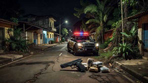 Viatura policial e itens apreendidos em Porto Velho
