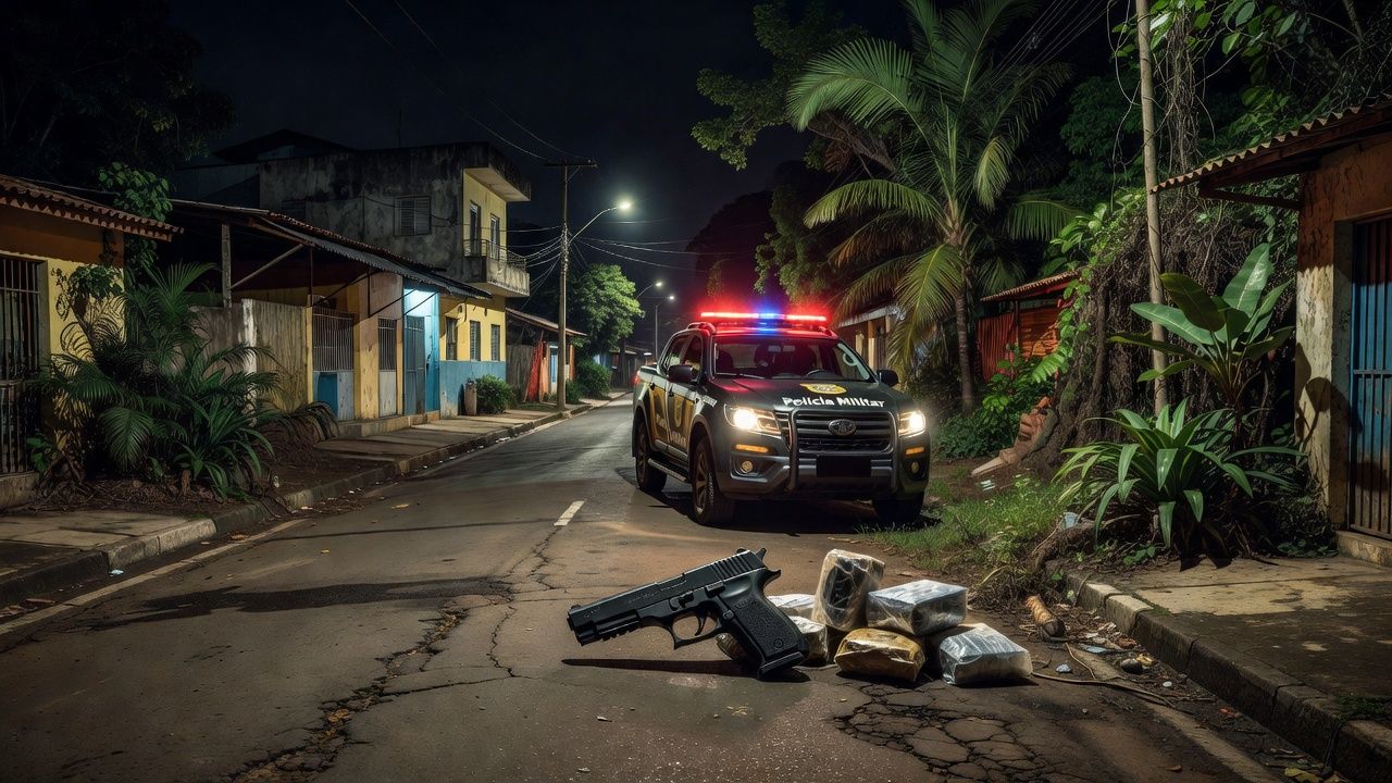 Viatura policial e itens apreendidos em Porto Velho
