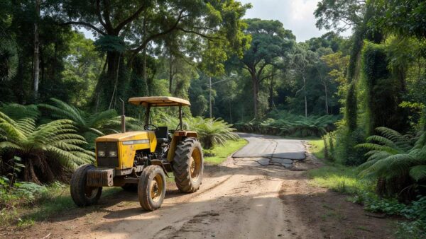 Trator agrícola em estrada rural de Mirante da Serra com anúncio de asfalto