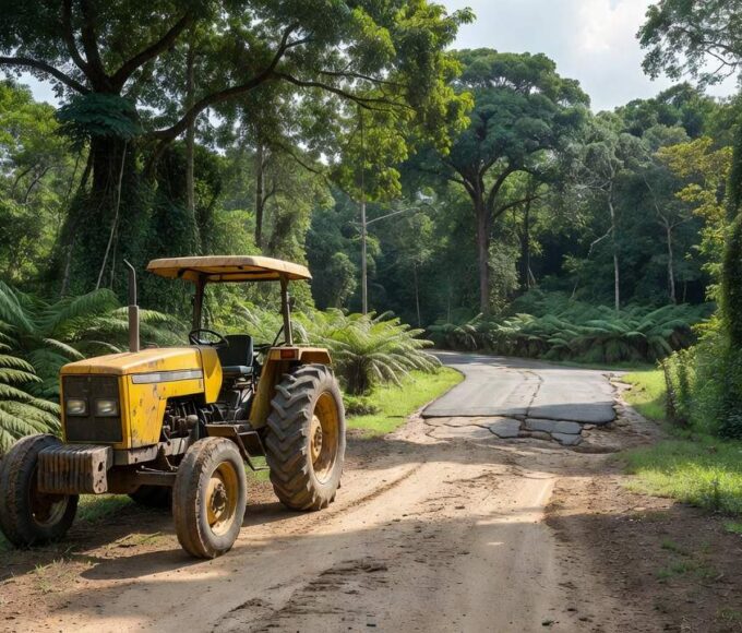 Trator agrícola em estrada rural de Mirante da Serra com anúncio de asfalto