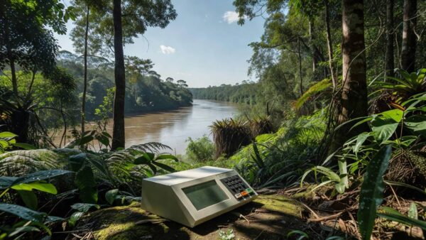 Urna eleitoral em cenário amazônico de Rondônia representando pesquisa para governador