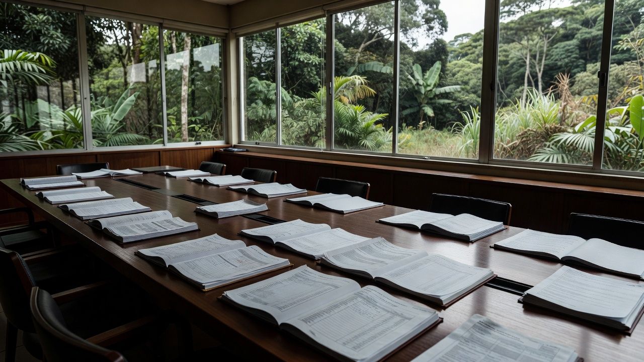Sala de reuniões do TCE-RO com documentos sobre finanças públicas