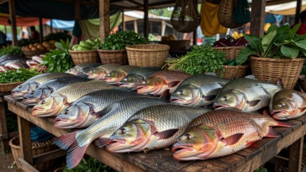 Tambaqui e pirarucu frescos em mercado de peixes no Brasil