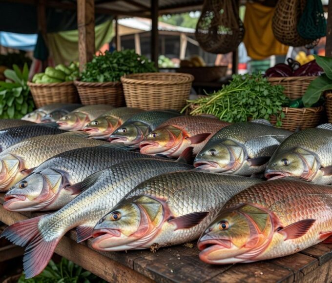 Tambaqui e pirarucu frescos em mercado de peixes no Brasil
