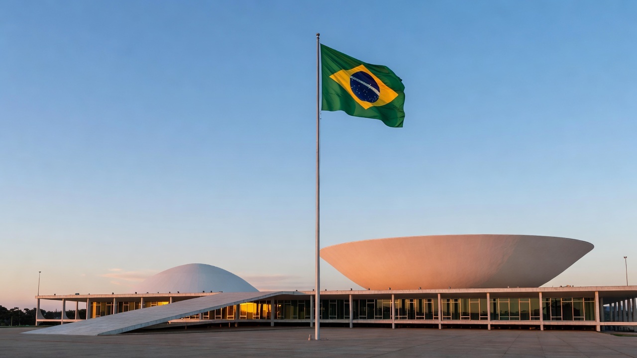 Fachada do Senado Federal em Brasília com bandeira do Brasil
