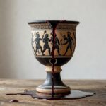 Taça de Pitágoras antiga com vinho sendo derramado para ensinar moderação