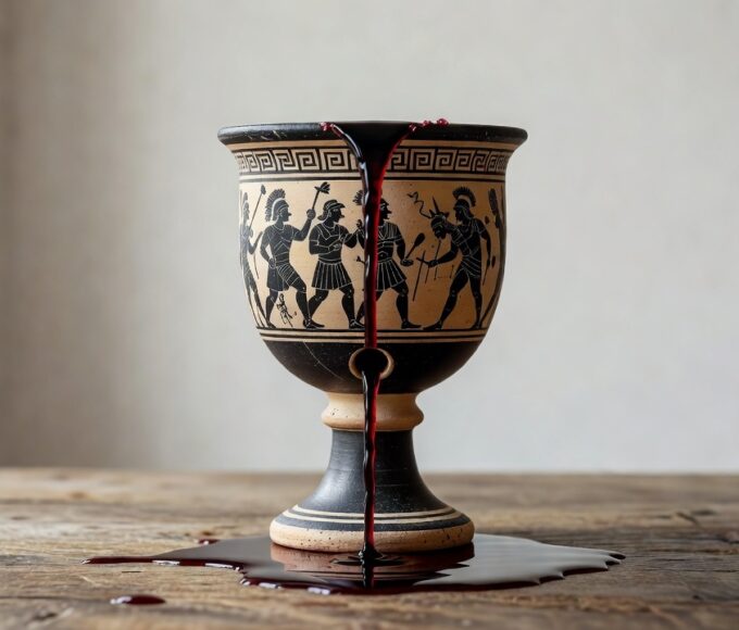 Taça de Pitágoras antiga com vinho sendo derramado para ensinar moderação