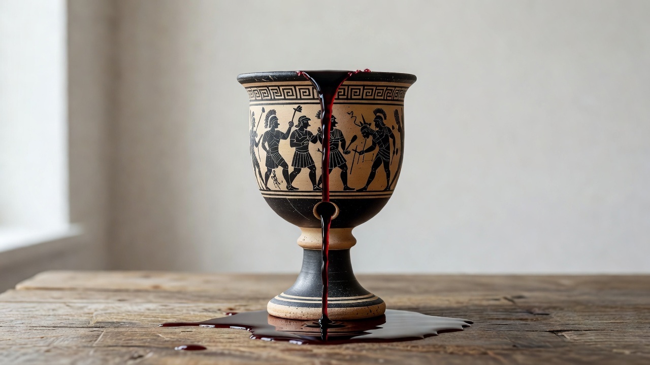 Taça de Pitágoras antiga com vinho sendo derramado para ensinar moderação