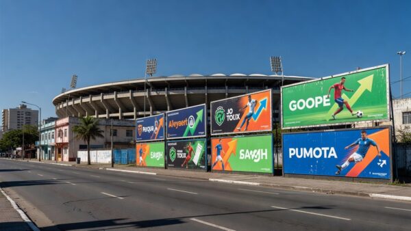 Painéis de apostas esportivas em avenida brasileira com estádio ao fundo
