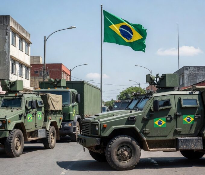 Viaturas das Forças Armadas em centro eleitoral no Brasil