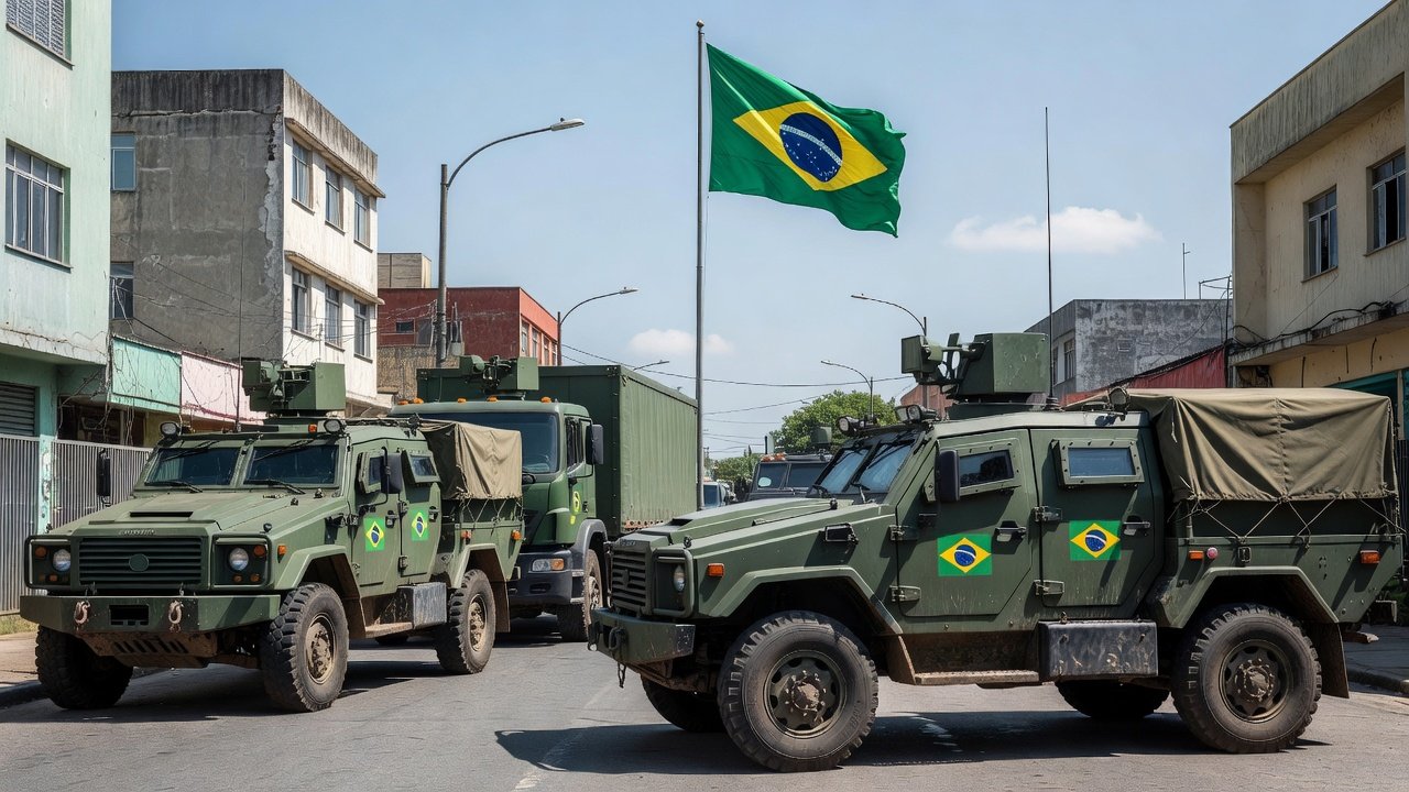Viaturas das Forças Armadas em centro eleitoral no Brasil