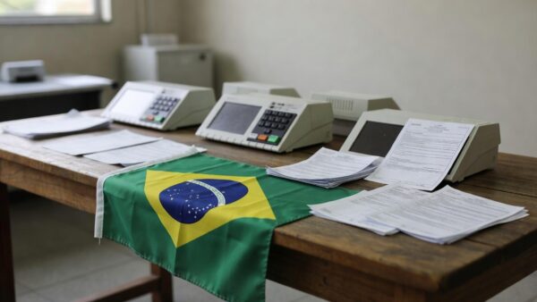 Bandeira do Brasil com urnas eleitorais representando apoio político nas eleições 2026