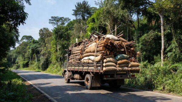 Caminhão de carga em estrada de Rondônia, Brasil, sobre acordo contra excesso de peso